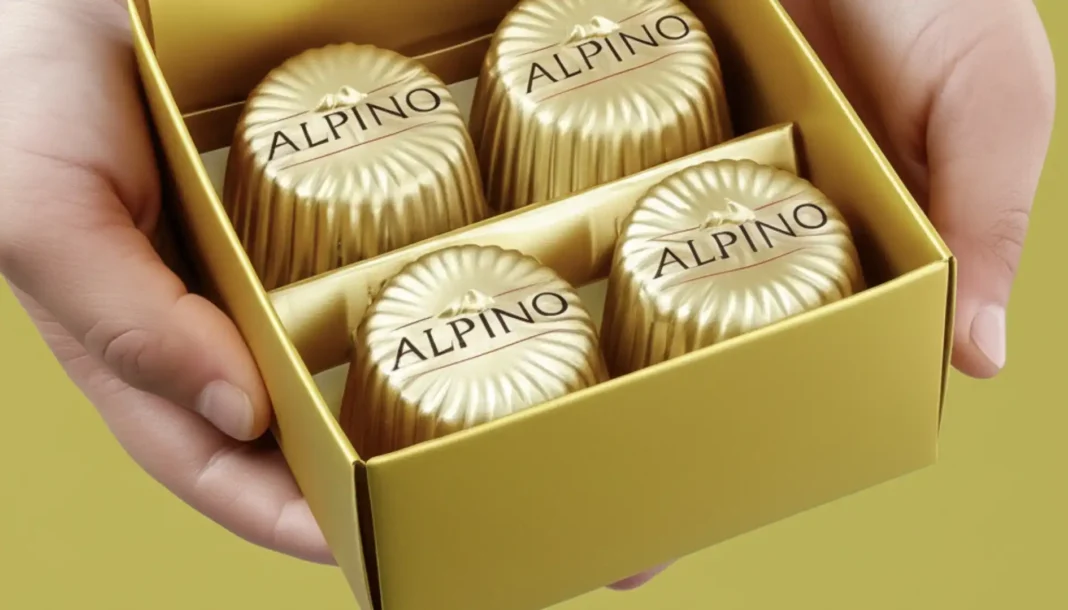 Caixa de bombons Alpino da Nestlé com embalagem dourada, exibindo os chocolates em destaque.