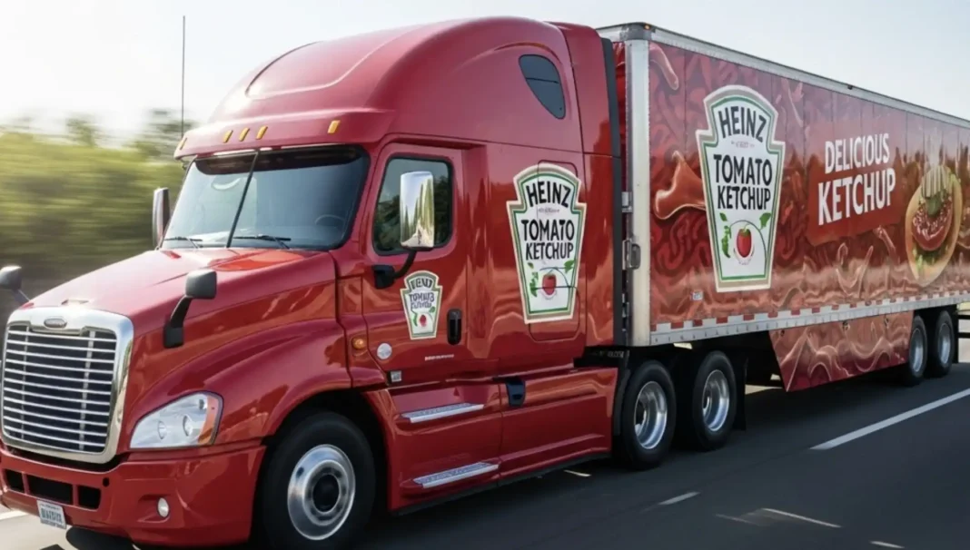Ônibus personalizado da Heinz circulando pelas ruas de São Paulo distribuindo sachês de ketchup grátis.