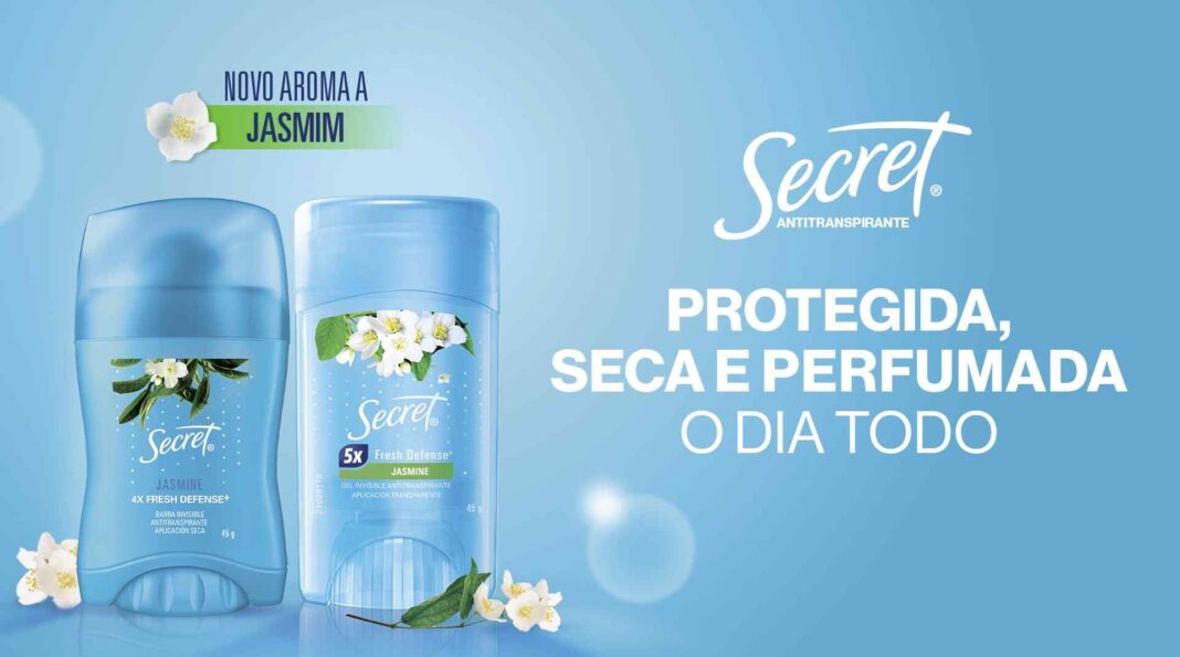 Experimente grátis o novo Desodorante Secret Jasmine no Home Tester Club! Campanha liberada em 8/5 com versões em Gel e Barra que garantem proteção, frescor e cuidado com a pele.