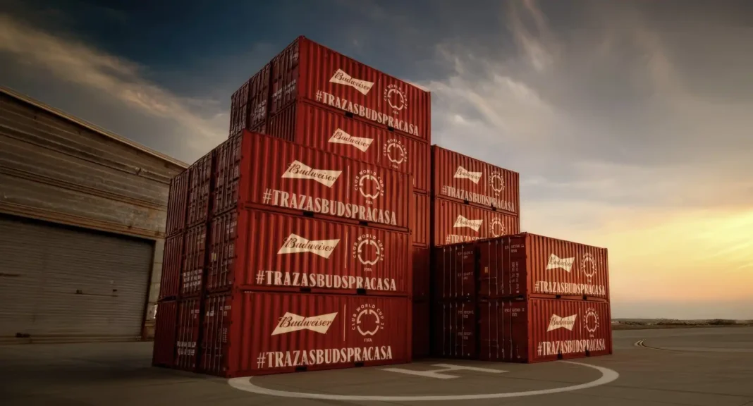 Pilha de contêineres vermelhos da Budweiser com a hashtag 