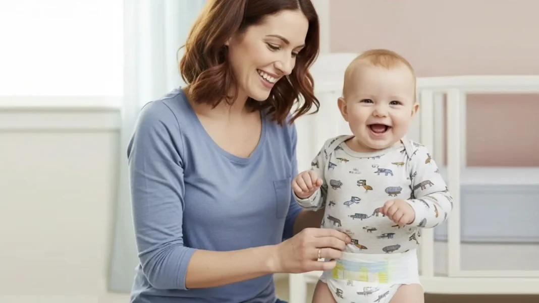 Uma mãe com cabelo castanho-avermelhado e um sorriso brilhante e alegre coloca gentilmente uma fralda em seu bebê, que irradia felicidade e risadas.