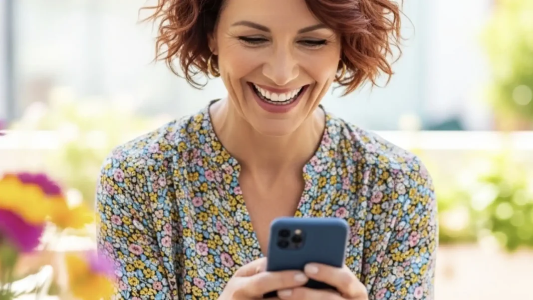 Mulher de meia-idade com cabelo ruivo sorri enquanto olha para o celular.