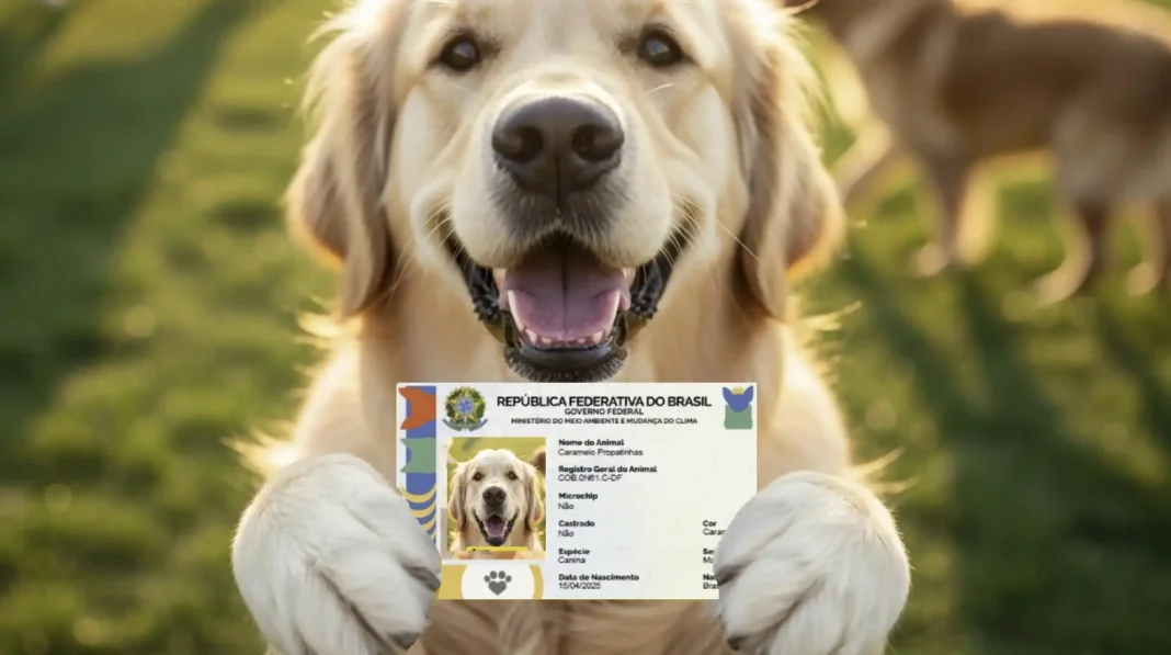 Um cão golden retriever sorridente segurando uma carteira de identidade animal do governo federal brasileiro.