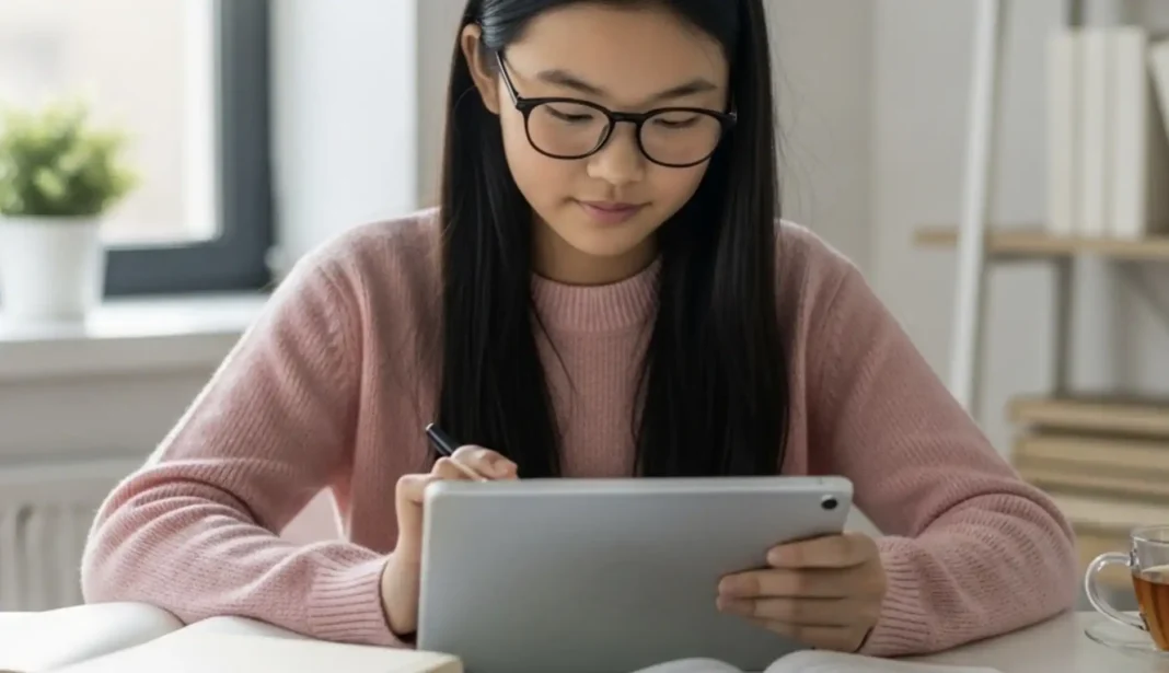 Menina estudando em tablet