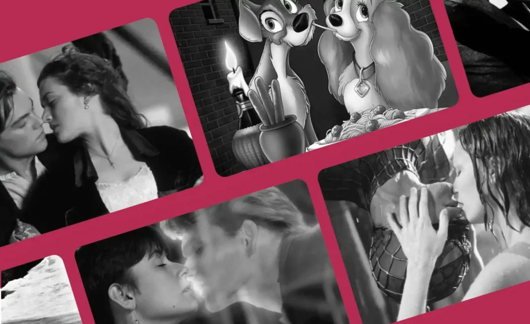 Casal se beijando em cena clássica de romance no cinema