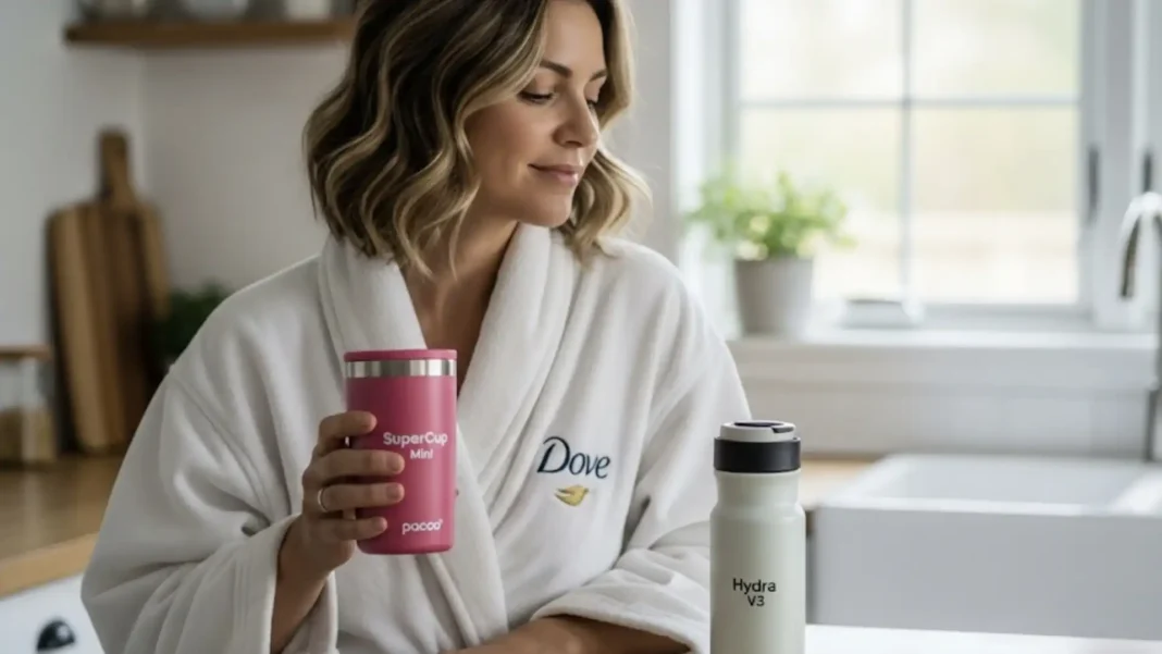 Uma mulher com um roupão branco bordado com o logo da Dove segura um copo rosa “SuperCup Mini” da Pacco na mão esquerda e olha para o copo, com uma garrafa branca “Hydra V3” ao lado dela em uma cozinha clara.