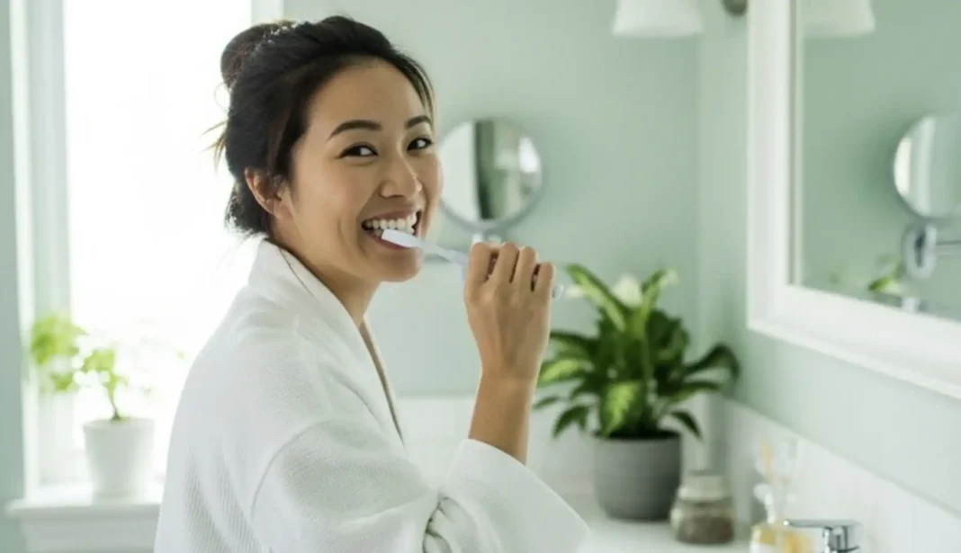 Uma mulher asiática sorrindo e escovando os dentes em um banheiro verde.
