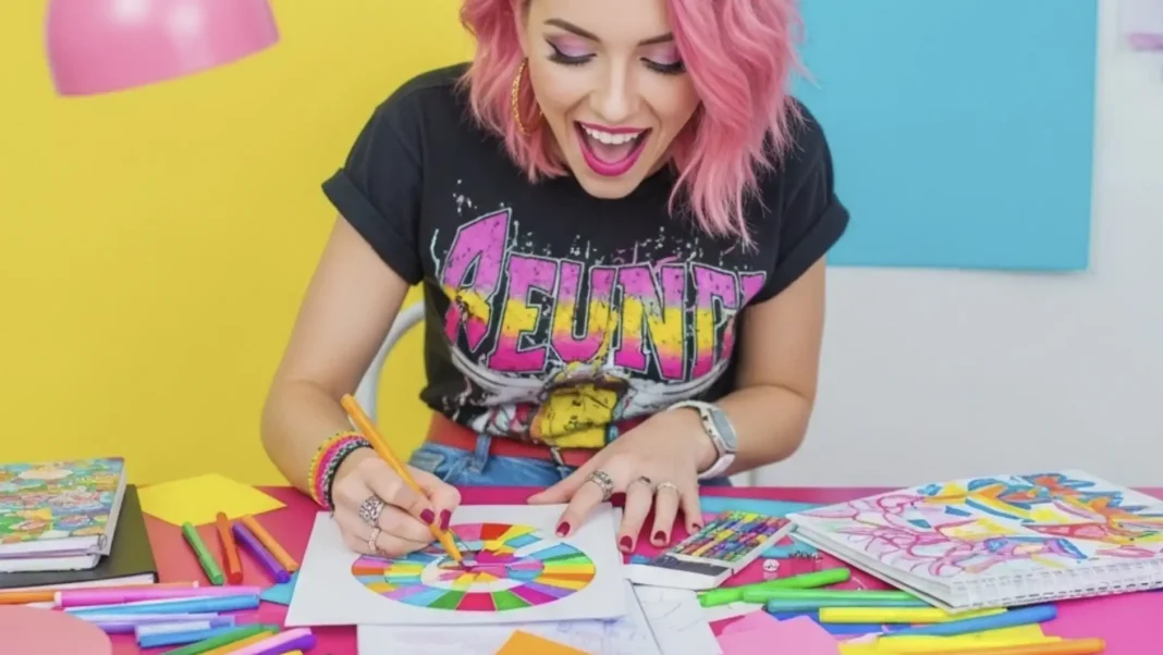 Influenciador digital com cabelo rosa brilhante, usando canetinhas e papéis coloridos para criar arte.