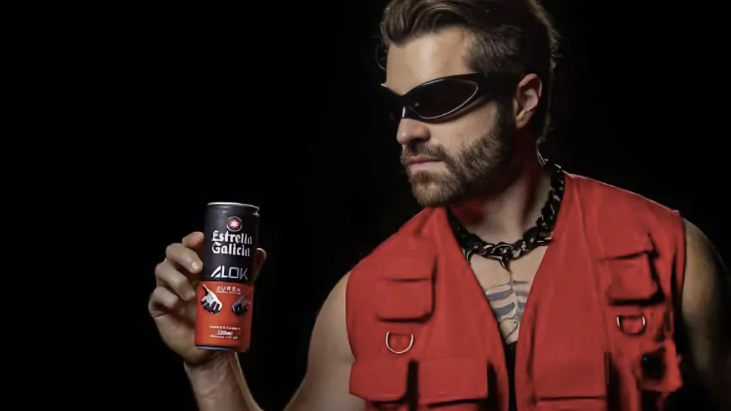 Um homem barbudo de óculos escuros e colete vermelho segura uma lata preta de 
