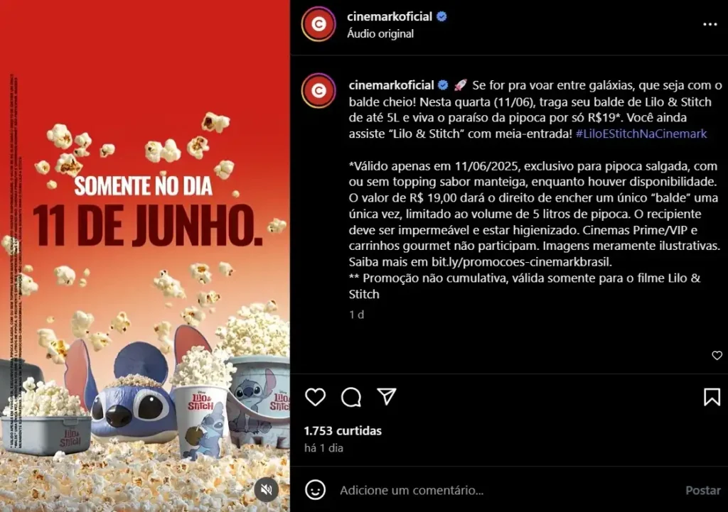 Print retirado do perfil oficial da Cinemark no Instagram 