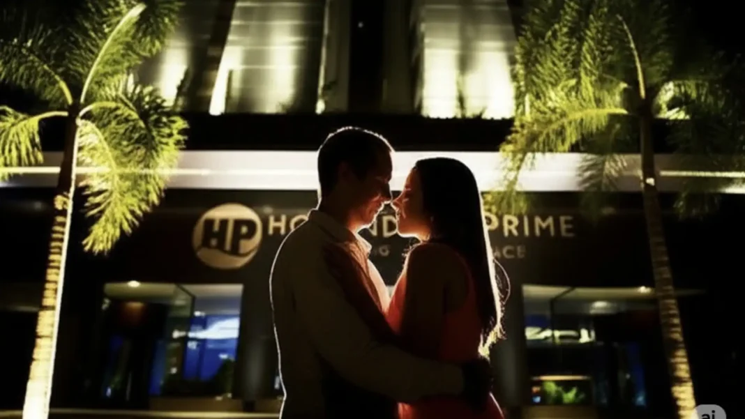 Um casal se abraçando e olhando um para o outro em frente a um hotel à noite, com palmeiras iluminadas.