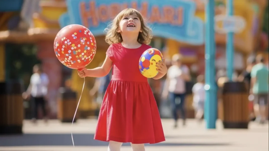 Uma criança sorridente em um vestido vermelho segura um balão vermelho e um ovo de brinquedo em um parque temático.