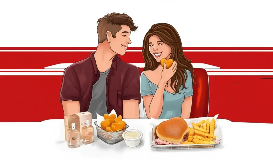 Casal brindando em uma hamburgueria temática com hambúrguer em formato de coração, batatas fritas, bebidas e mini perfumes Jequiti sobre a mesa, em clima romântico de Dia dos Namorados no Johnny Rockets.