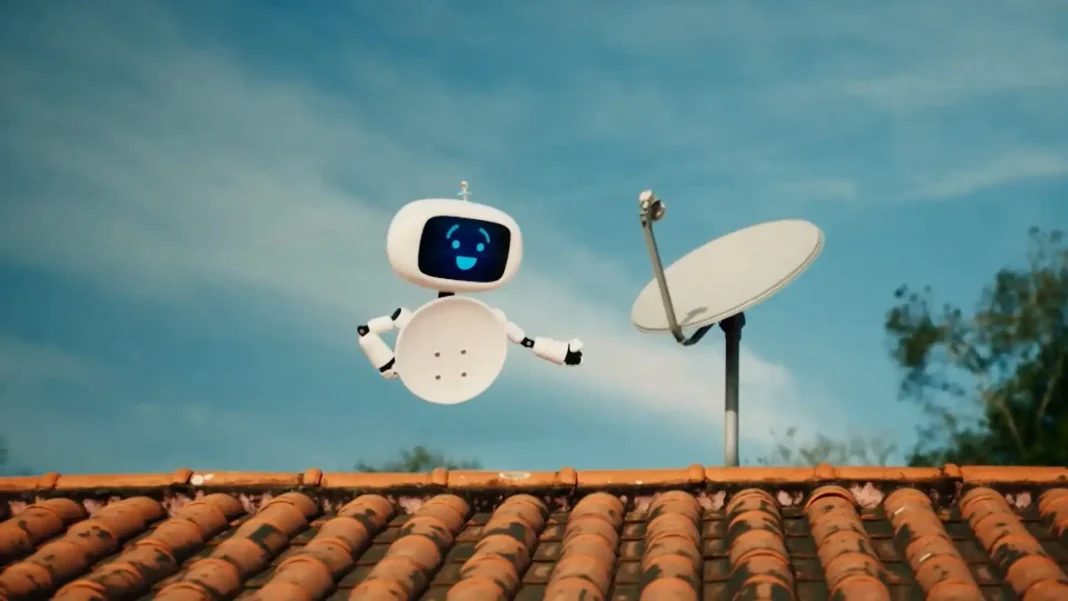 obô branco com uma tela azul brilhante exibindo um rosto sorridente