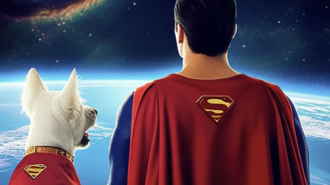 Superman e Krypto, o Supercão, de costas, observando o planeta Terra iluminado, visto do espaço sideral.
