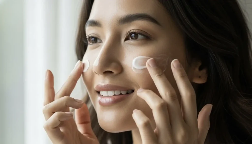 Uma mulher sorridente, com cabelos escuros e vestindo um roupão branco, aplica creme branco no rosto com os dedos. A imagem é um close-up, com iluminação natural suave e um fundo desfocado.