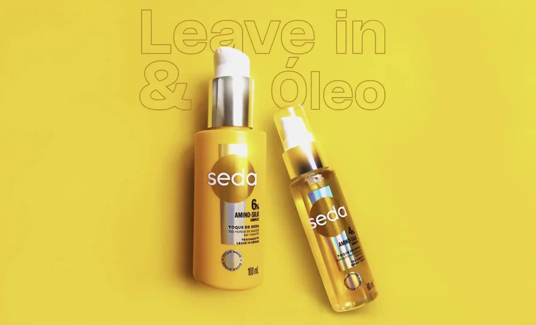Dois produtos Seda Amino-Silk em embalagens amarelas, um leave-in e um óleo, sobre um fundo amarelo com o texto 