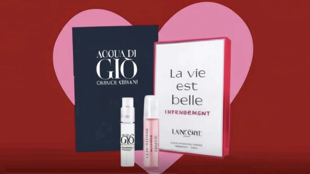 Duas amostras grátis de perfumes importados ao lado de um coração vermelho, simbolizando o Dia dos Namorados.