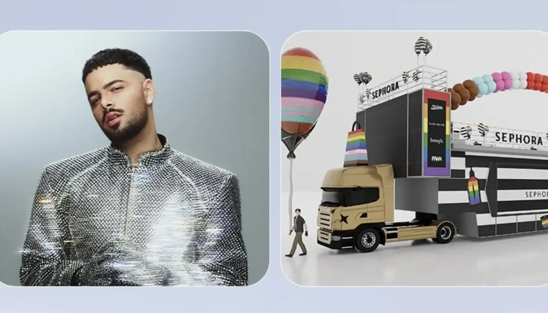 À esquerda, o cantor Pedro Sampaio posa para uma foto. À direita, um caminhão decorado com elementos da parada LGBTQIA+ e a marca Sephora.
