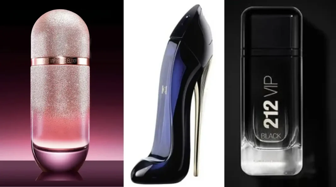 Frasco do perfume 212 Vip Rosé Elixir da Carolina Herrera, com design elegante em tons rosé metálico.