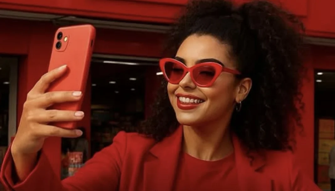 Uma mulher sorridente com óculos de sol vermelhos em forma de olho de gato e um blazer vermelho tira uma selfie com um telefone vermelho.