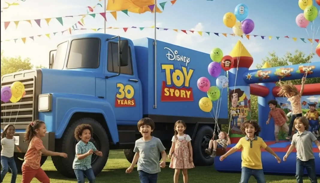 Um banner vibrante celebrando os 30 anos de Toy Story. No centro, um grande caminhão azul estilizado com o logotipo de Toy Story e a inscrição '30 YEARS'. Várias crianças de diversas etnias brincam em volta do caminhão e em um inflável temático do Toy Story à direita. O cenário é ao ar livre, com bandeirinhas coloridas e balões flutuando no ar, criando uma atmosfera festiva. O banner também menciona 'São João Gratuito', 'Brincadeiras Infantis'