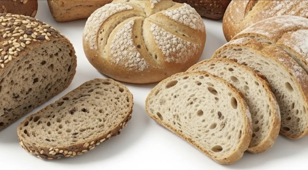 Uma variedade de pães sem glúten, apresentando diferentes formatos e texturas.