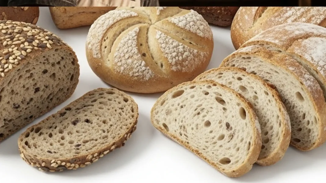 Uma variedade de pães sem glúten, apresentando diferentes formatos e texturas.