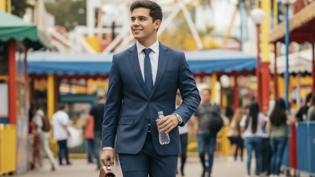 Um jovem empresário sorridente, vestindo um elegante terno azul marinho, camisa branca e gravata azul, caminha em um movimentado parque de diversões com uma pasta marrom em uma mão e uma garrafa de água na outra.