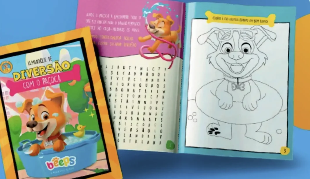 Capa e página interna de um almanaque infantil colorido, com tema de cachorros e atividades.