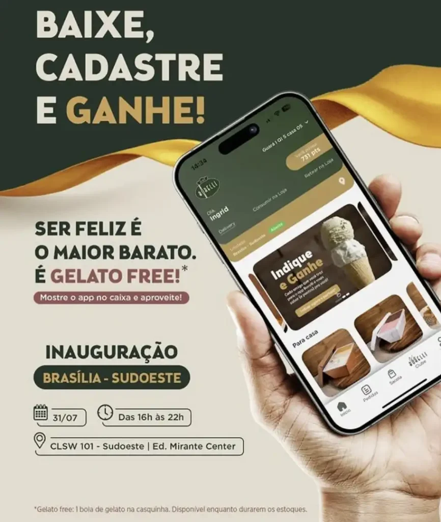 
Uma imagem promocional vibrante e convidativa para o aplicativo de uma sorveteria, provavelmente chamada "Barelli". O texto principal em português, "BAIXE, CADASTRE E GANHE!", é proeminente no canto superior esquerdo em letras grandes e brancas. Abaixo, em letras menores, está a frase "SER FELIZ É O MAIOR BARATO. É GELATO FREE!*", com um asterisco remetendo a uma nota de rodapé sobre os termos da oferta.