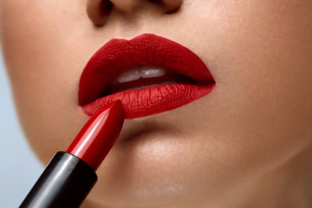 Mulher aplicando batom vermelho vibrante nos lábios.