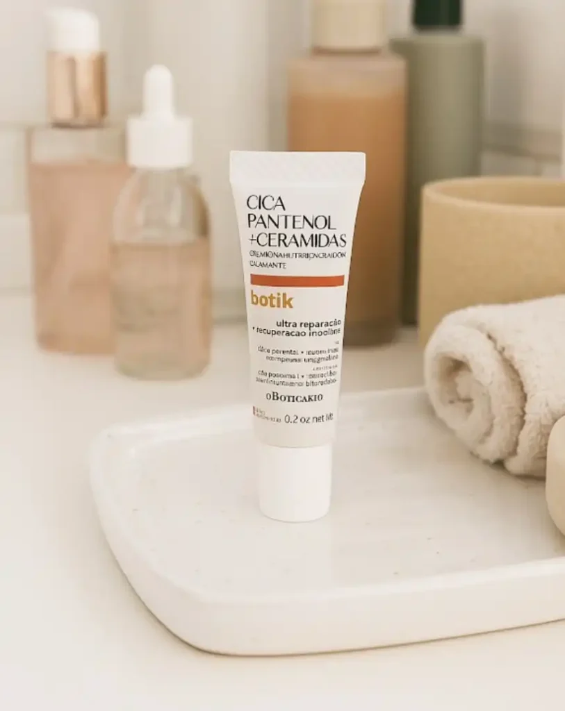 Uma embalagem branca e pequena de creme facial da marca Botik, que diz "Cica Pantenol + Ceramidas" e "ultra reparação", está em destaque no centro da imagem. Ao fundo e desfocados, vários outros produtos de beleza e higiene pessoal, como loções e toalhas, podem ser vistos em um ambiente de banheiro claro.