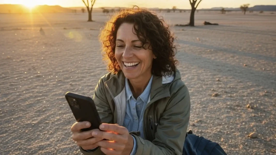 Uma mulher asiática sorridente a olhar para o telemóvel num deserto