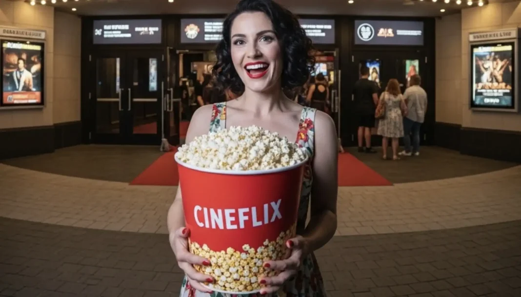 Mulher sorridente segurando um balde grande de pipoca 