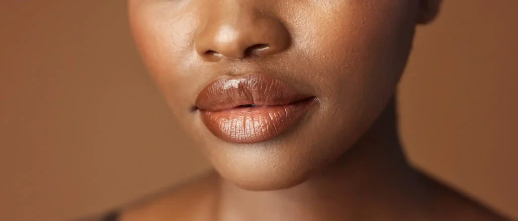 Boca feminina com pele morena, maquiada com batom bronze cintilante.