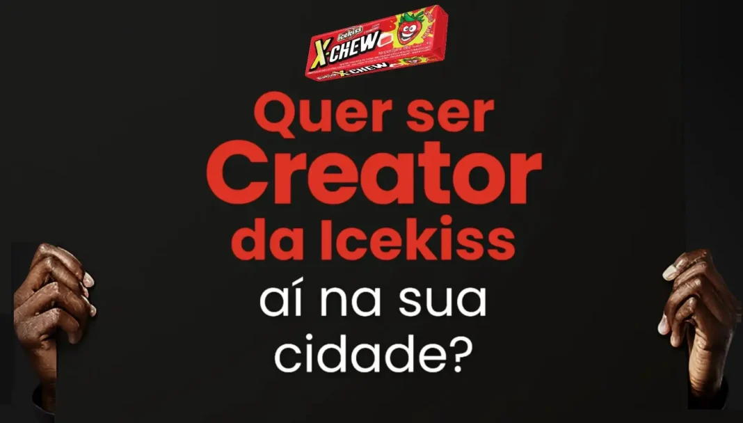 Banner da Icekiss com bala X-Chew e frase 'Quer ser Creator da Icekiss aí na sua cidade?