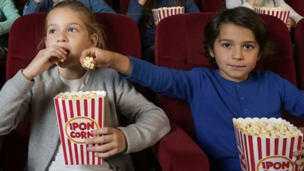 
Duas crianças em um cinema. Uma menina de camiseta cinza está à esquerda, comendo pipoca de um grande balde listrado de vermelho e branco com a marca "IPON CORN". À direita, um menino de camisa azul também segura um balde de pipoca "IPON CORN" e oferece pipoca à menina. Ambos estão sentados em assentos vermelhos de cinema.