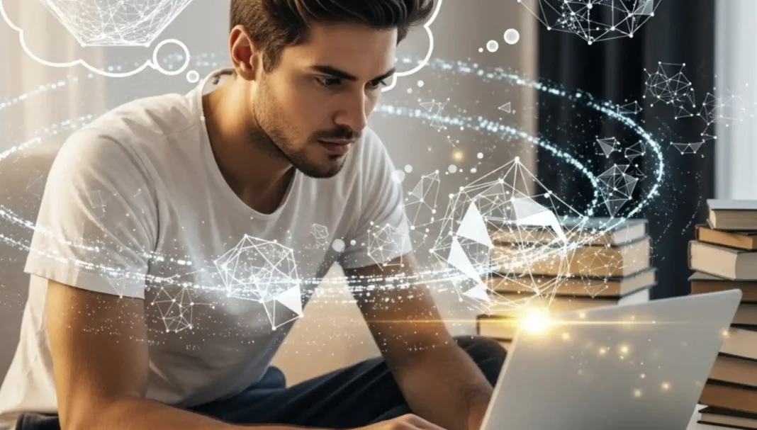 Um jovem com cabelo castanho escuro e despenteado estuda intensamente num laptop, rodeado por pilhas de livros e cadernos abertos. Projeções holográficas de formas geométricas complexas e fluxos de dados luminosos, que representam conceitos de inteligência artificial, flutuam ao seu redor.