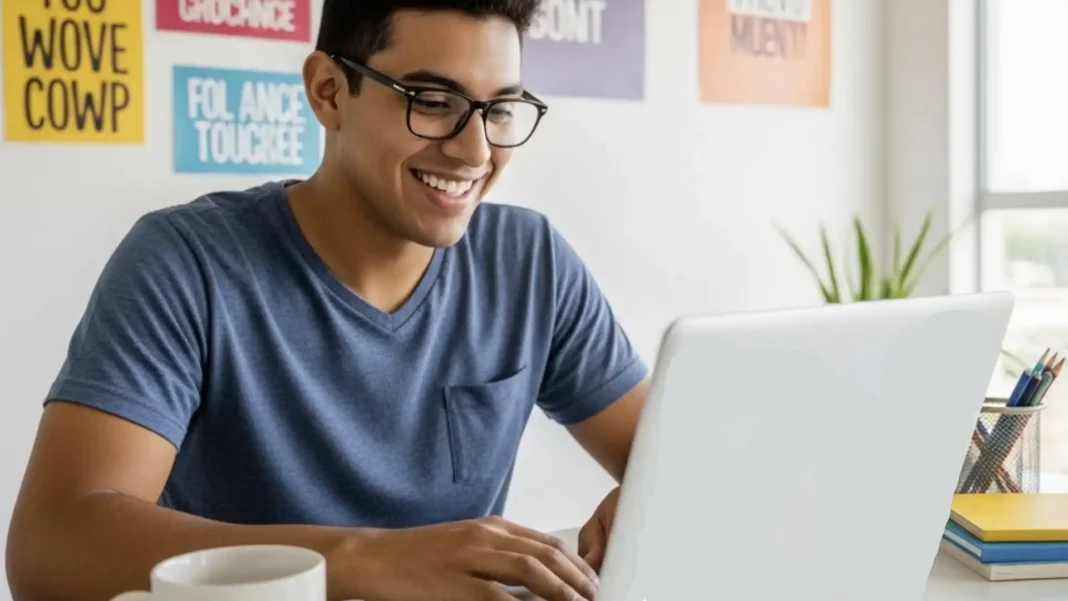 Um estudante latino feliz, de óculos, sorrindo enquanto faz um curso online em seu laptop, rodeado por pôsteres coloridos em um ambiente bem iluminado.