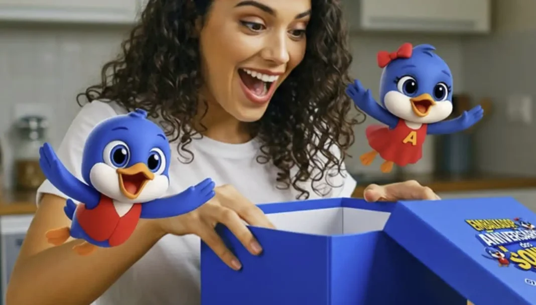 Mulher sorridente abrindo uma caixa azul com dois pássaros azuis animados flutuando para fora.
