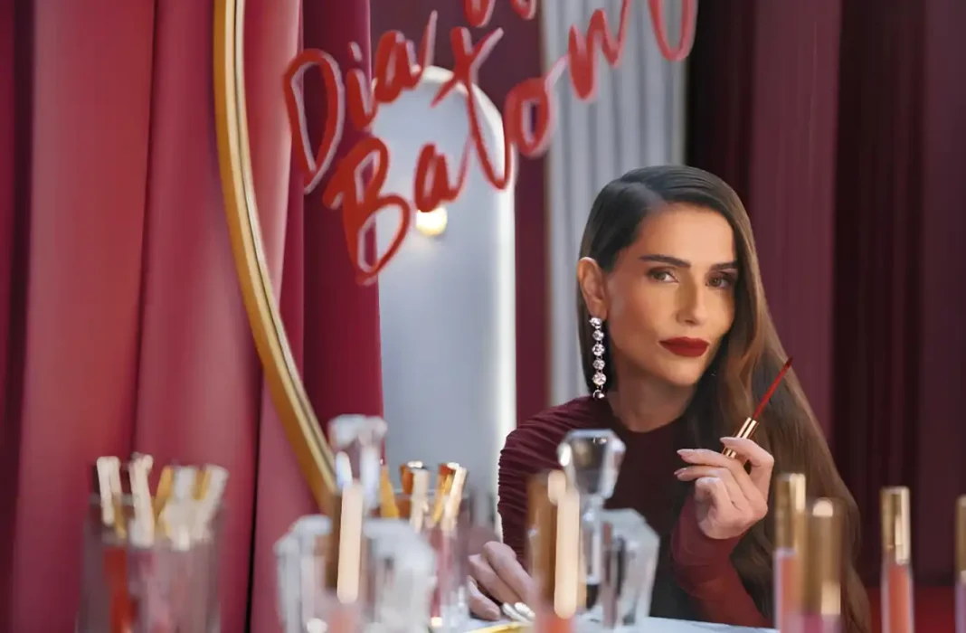 Mulher com batom vermelho segura um batom, com a frase 