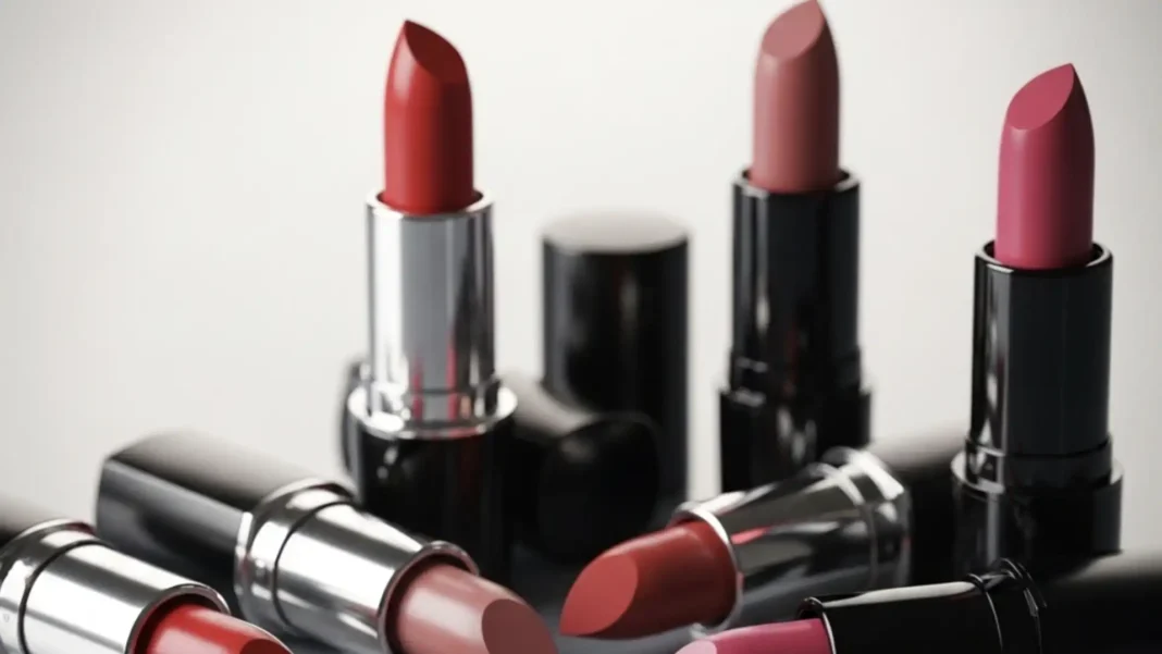 Uma variedade de batons em diferentes tons de vermelho e rosa, alguns abertos e outros fechados, dispostos sobre uma superfície clara.