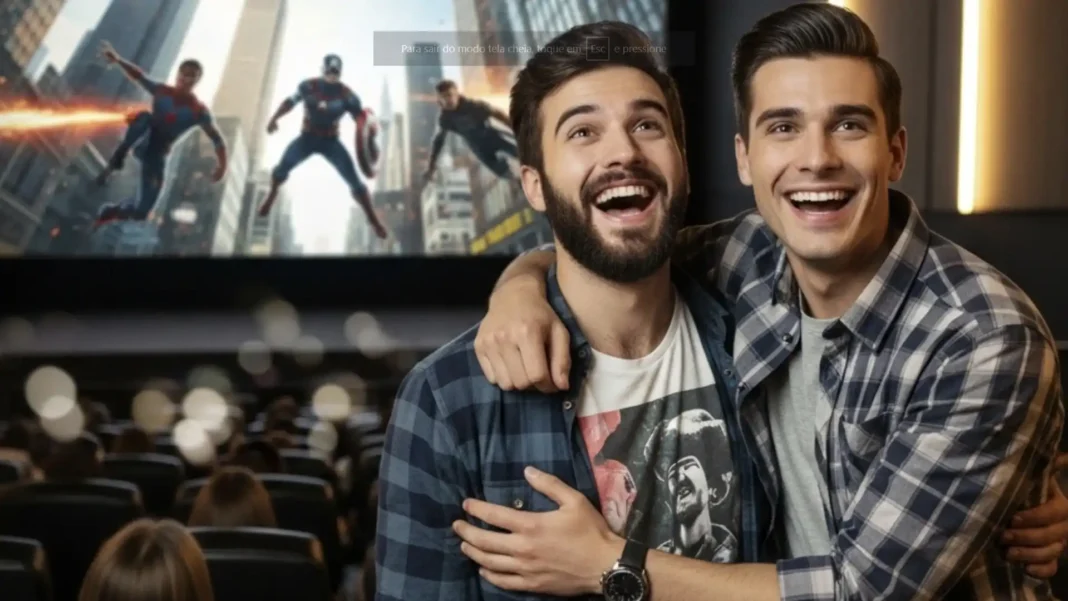 Dois amigos felizes sentados em um cinema, assistindo a um filme de super-heróis em que o Homem-Aranha e o Capitão América estão em ação na tela.