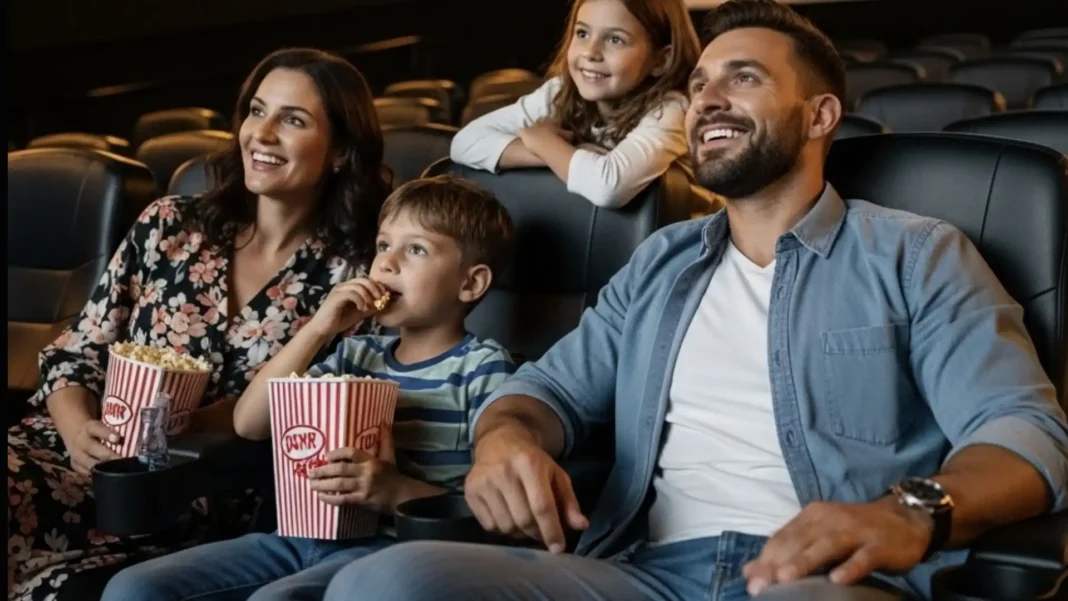 Uma família sorridente, pai, mãe, filho pequeno e filha adolescente, assistindo a um filme no cinema.