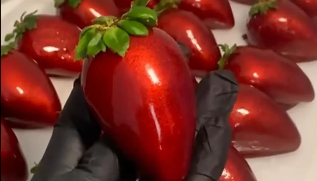 Morango grande e brilhante, coberto com esmalte vermelho e segurado por uma mão com luva preta