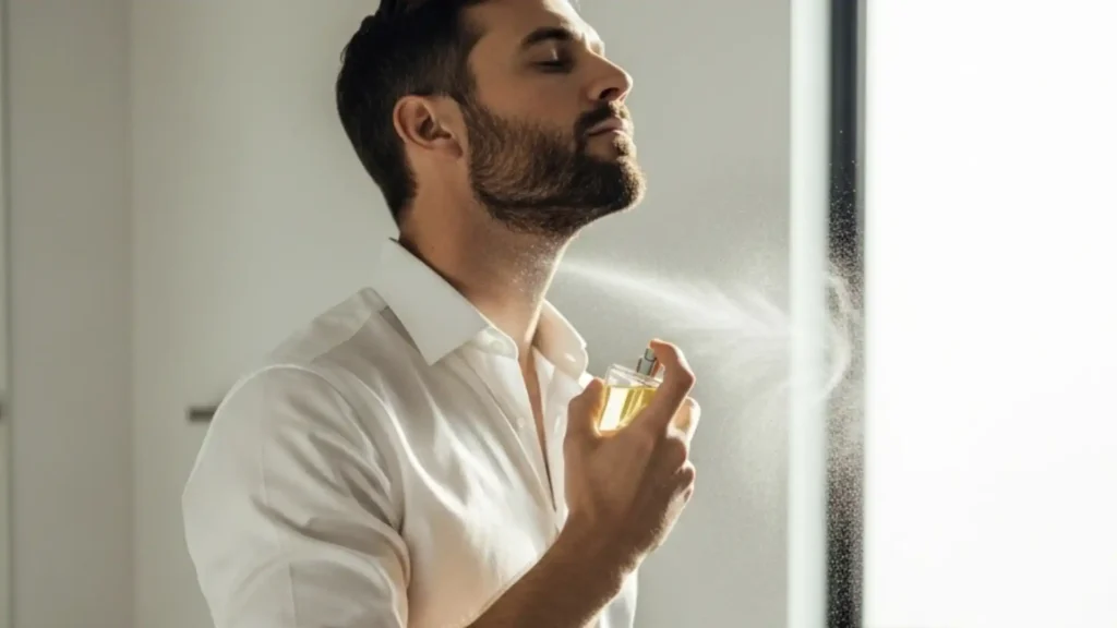 Um homem com barba aparada e cabelo escuro, vestido com uma camisa branca de botões e calças de ganga escuras, aplica perfume no pescoço num ambiente de casa de banho moderna e minimalista com luz natural. O spray de perfume é visível no ar.