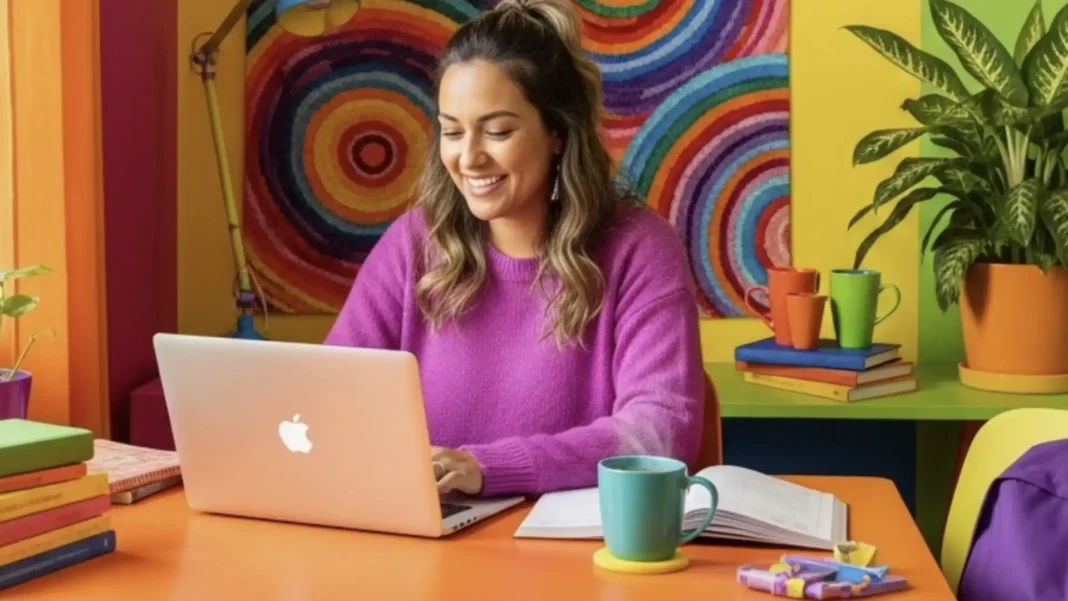 Uma mulher sorridente estuda em um laptop em uma mesa laranja vibrante, cercada por paredes coloridas em tons de rosa, azul, amarelo e verde.