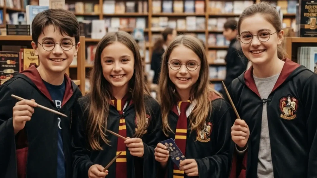 Quatro jovens sorridentes vestidos com as vestes de Hogwarts, segurando varinhas, dentro de uma livraria.
