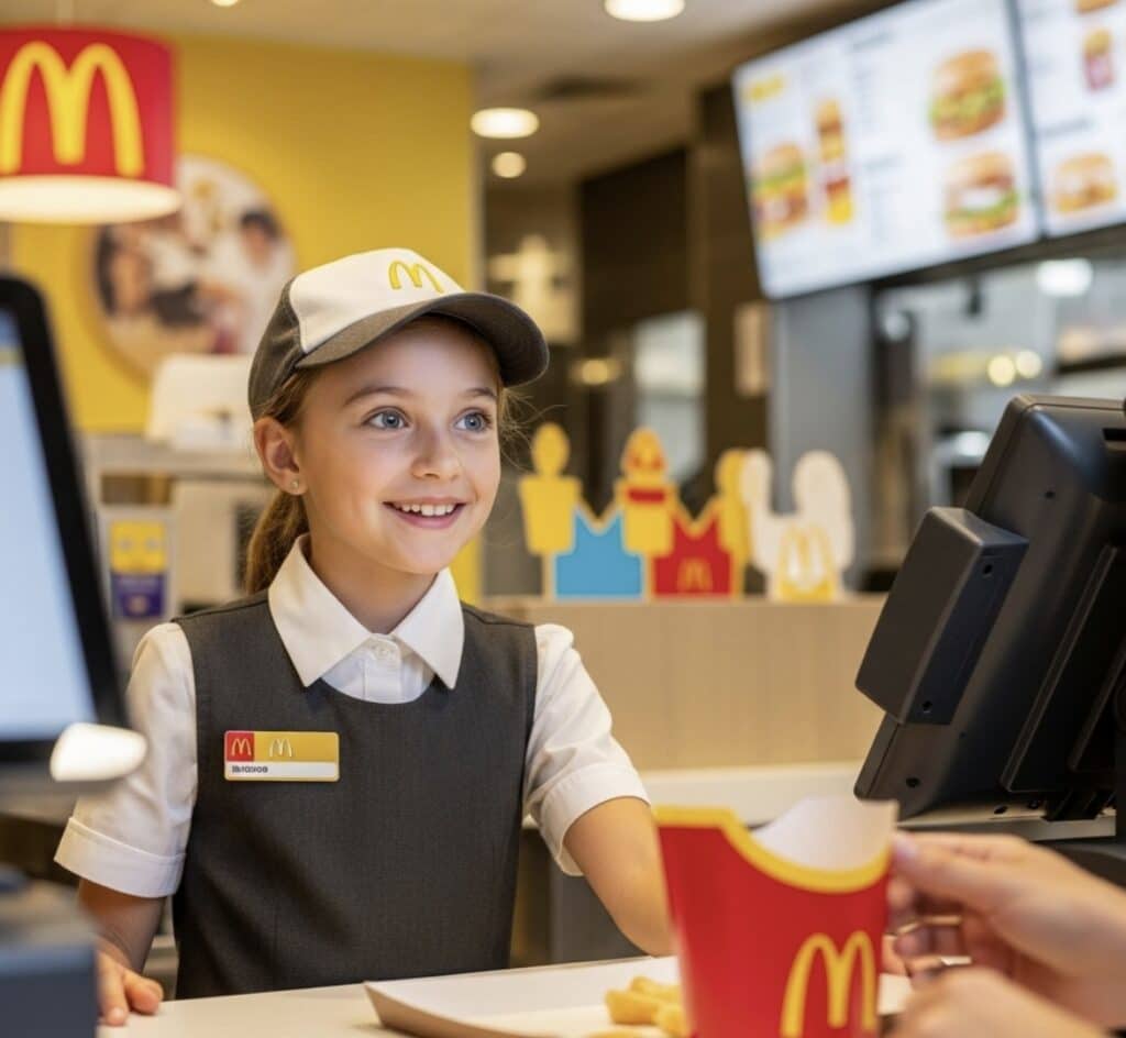 Uma jovem funcionária do McDonald's com um boné e uniforme cinza e branco sorri enquanto interage com um cliente no balcão, com monitores de cardápio digital visíveis acima.